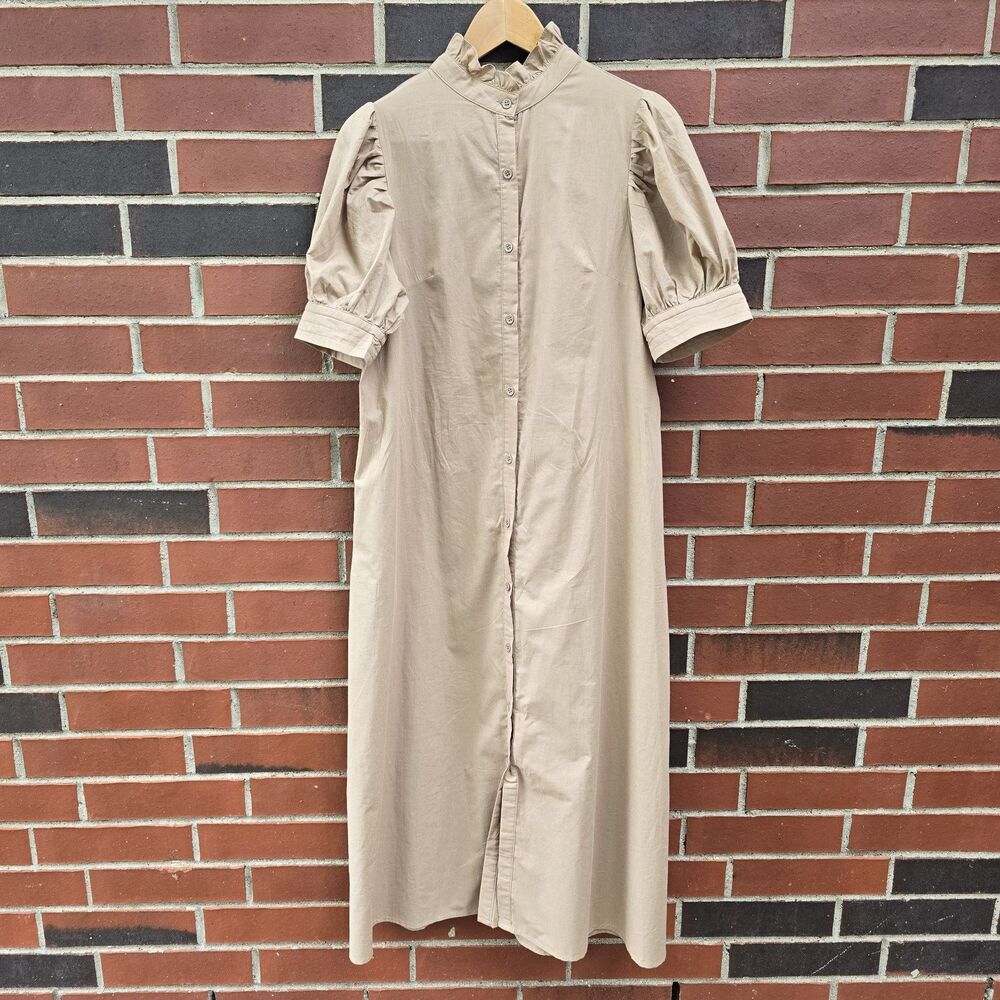 Maison Maar Size Small Beige Midi Dress Mock Neck Button Down Puff Sleeve Cotton